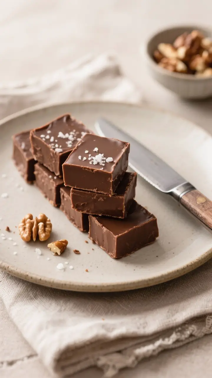 Final presentation beauty: Elegant plate of perfectly cut 1-inch squares of classic fudge—firm yet