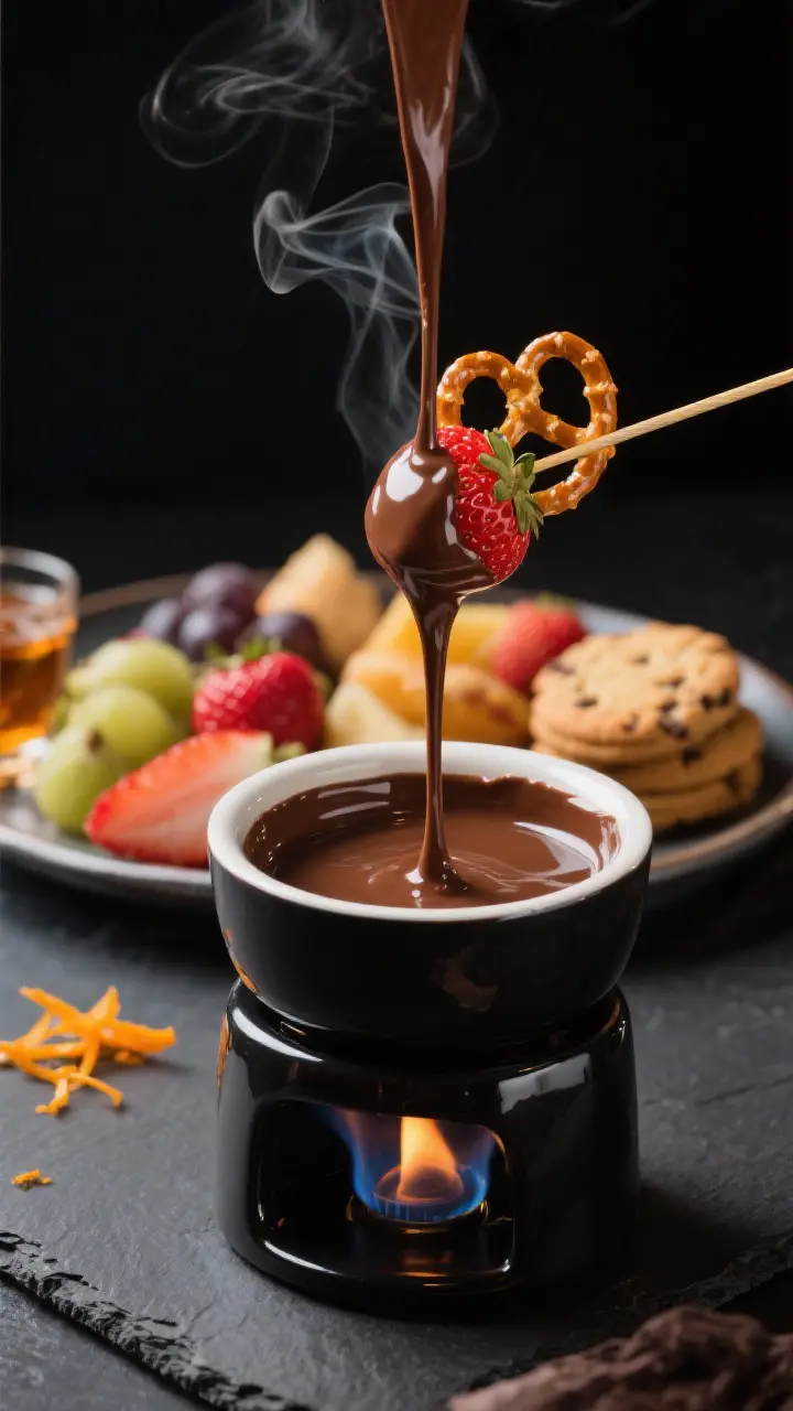 Final presentation hero: Beautifully styled fondue pot over a low flame with ultra-smooth, slowly ca
