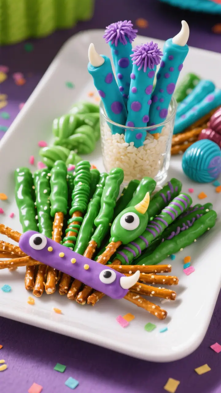 Final presentation: Party-ready platter of assorted Monsters University pretzel rods arranged in a f
