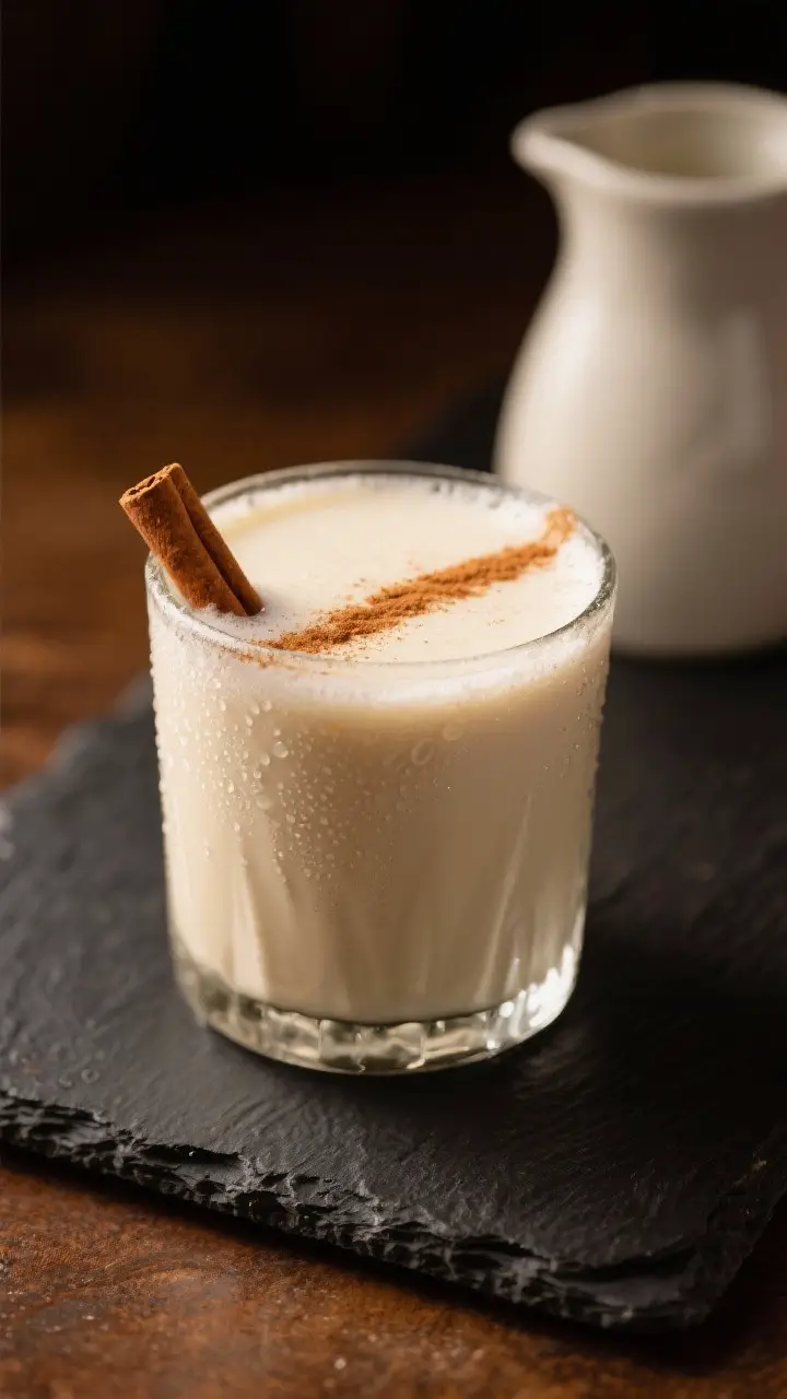 Final presentation: Restaurant-quality glass of ultra-creamy almond horchata variation, showcased on
