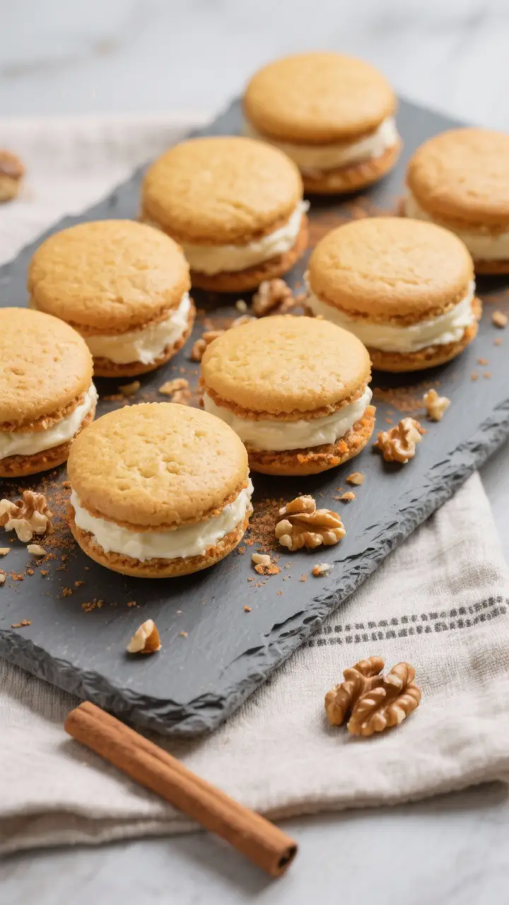 Final presentation: Restaurant-quality platter of assembled carrot cake whoopie pies, neatly sandwic