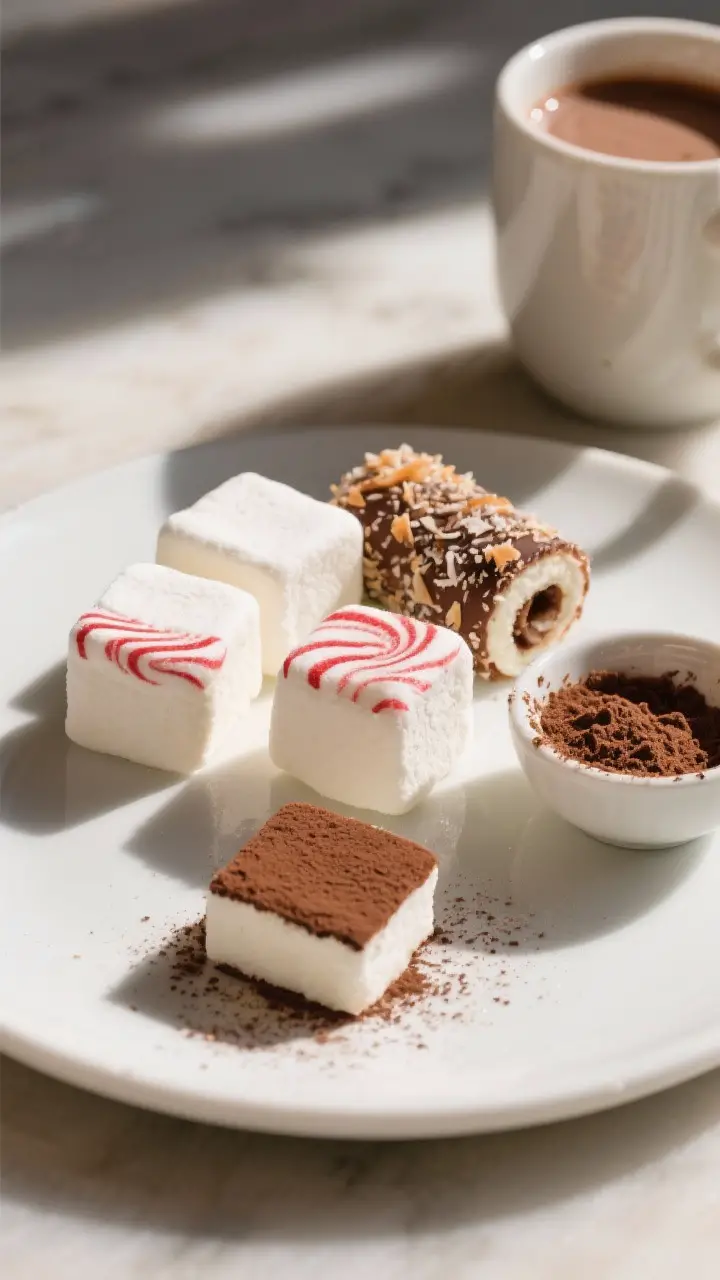 Final presentation shot: beautifully plated assortment of finished marshmallows styled three ways—
