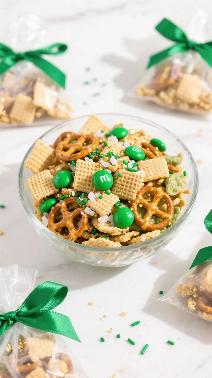Final presentation shot of Leprechaun Bait Chex Mix served for gifting and parties: heaping glass bo