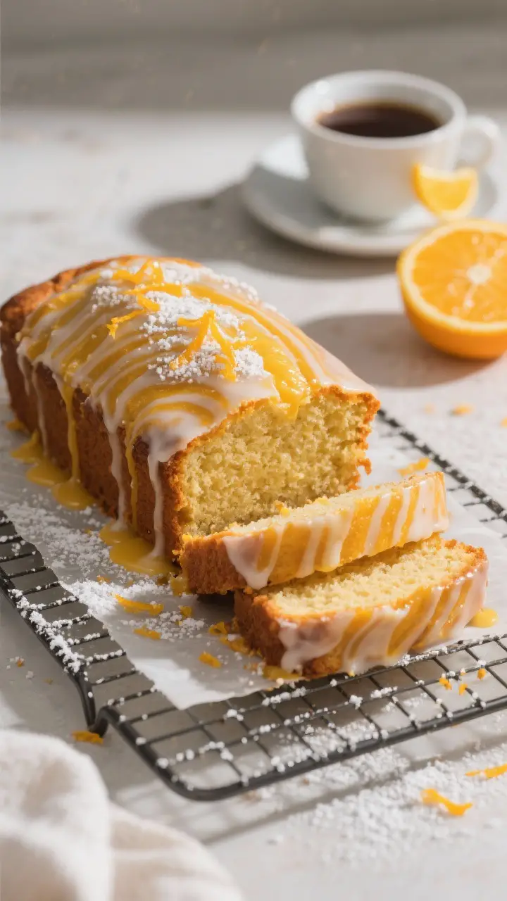Final presentation shot: Whole Orange Juice Ripplecake fully cooled and glazed, set on a wire rack o