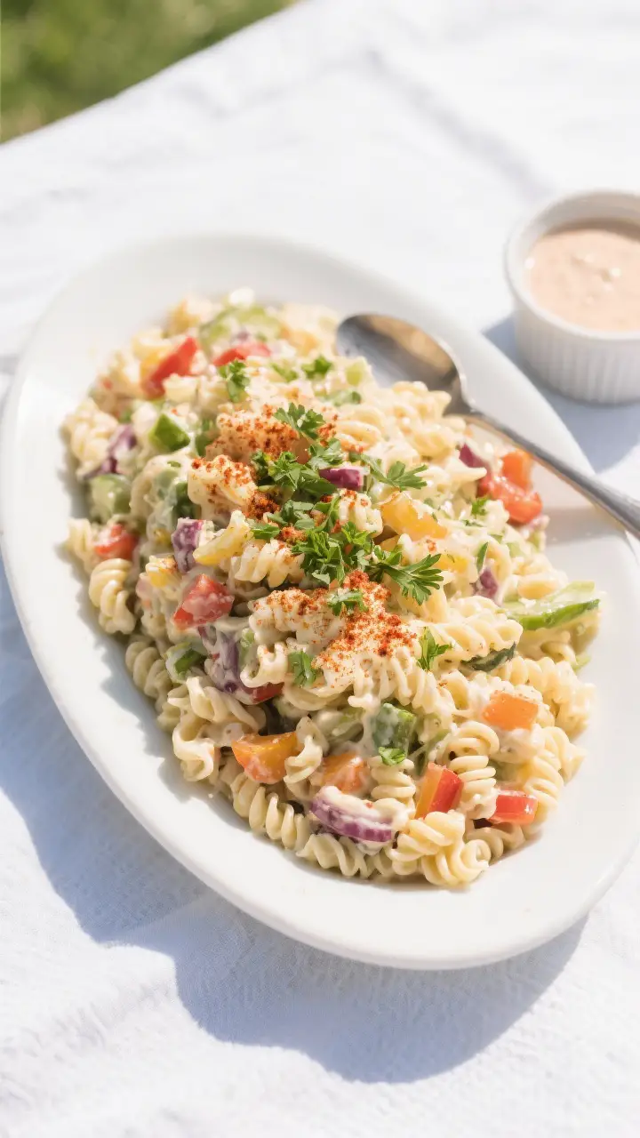 Final presentation, top-down platter: Overhead shot of deli-style macaroni salad mounded in a white 