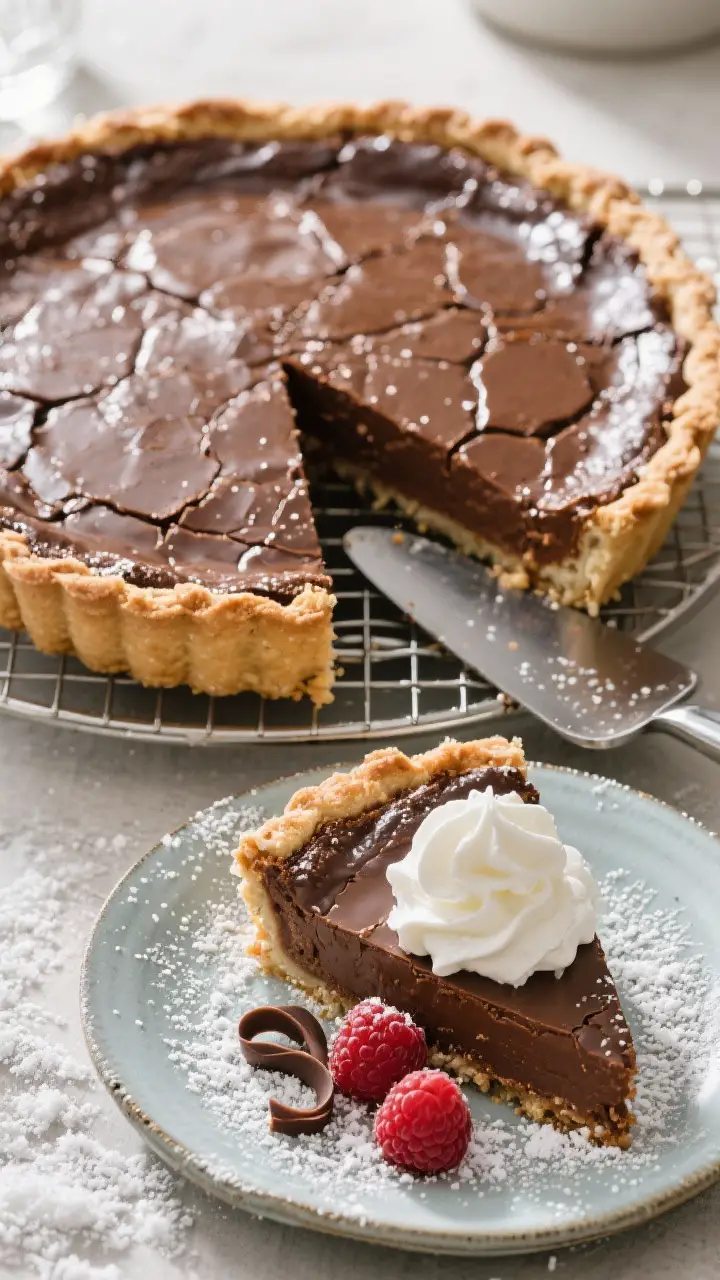 Final presentation: Top-down “showstopper” scene of the fully baked Edelweiss Fudge Pie on a coo