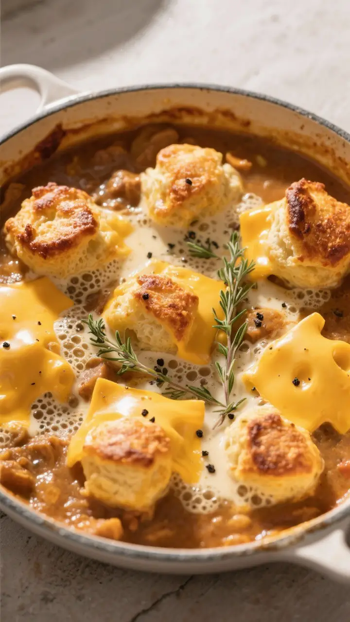 Oven finish, tasty top view: Overhead shot of the stew just out of the oven with golden, crisp-edged
