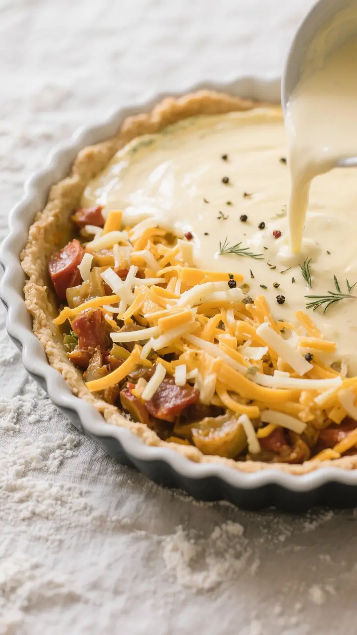 Overhead assembly shot: Baking dish just before the oven—sautéed filling spread evenly, a generou