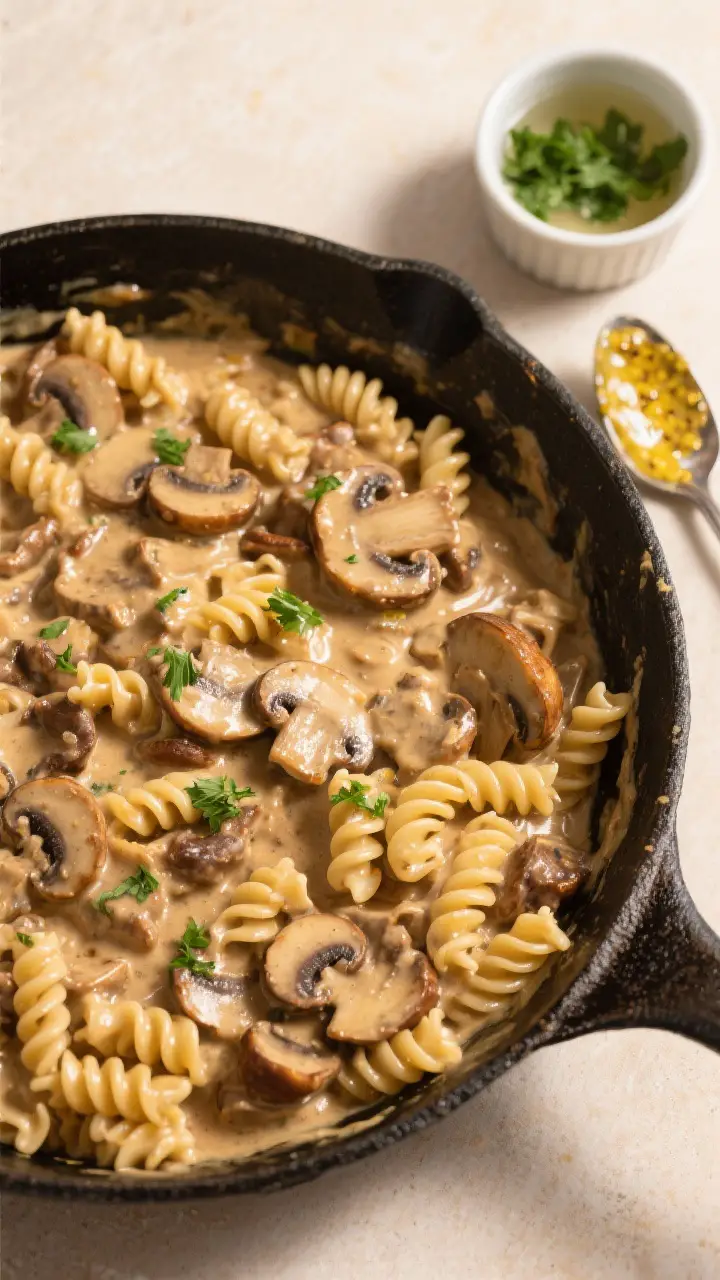 Overhead family-style spread: Top-down shot of a large skillet of stroganoff tossed with rotini, sho