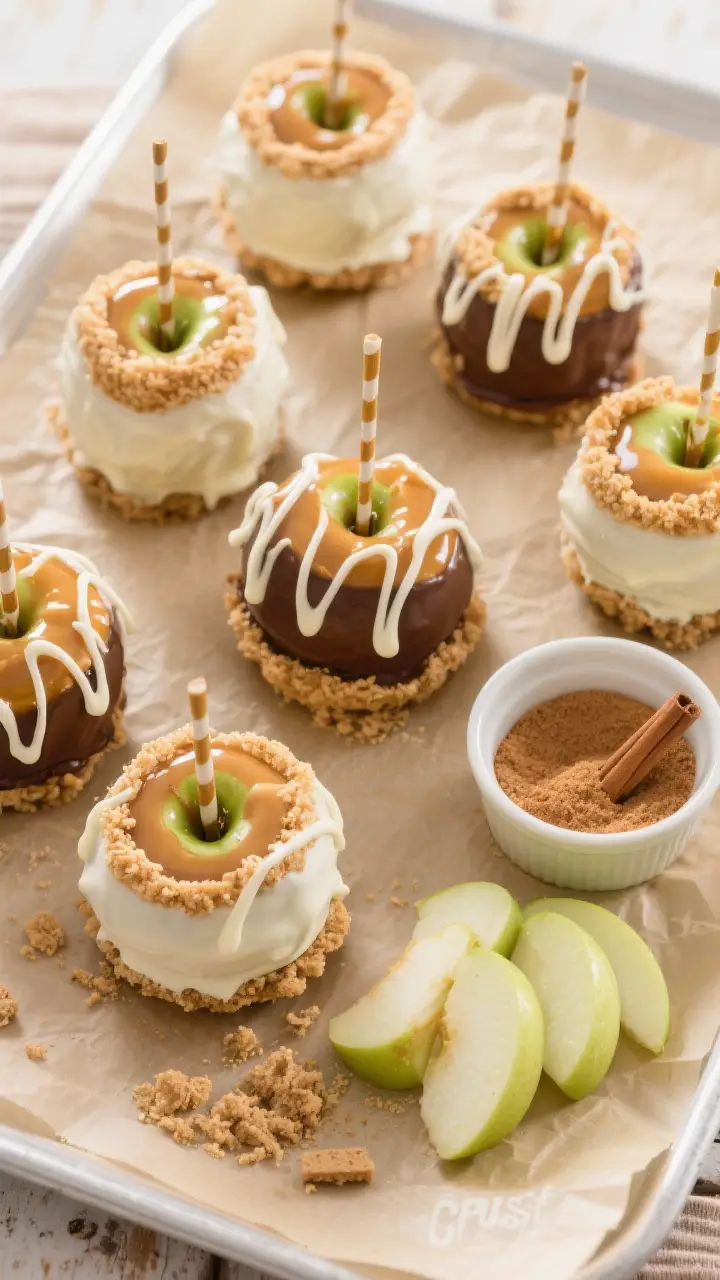 Overhead final presentation: A top-down, party-ready platter of fully set apple pie caramel apples a