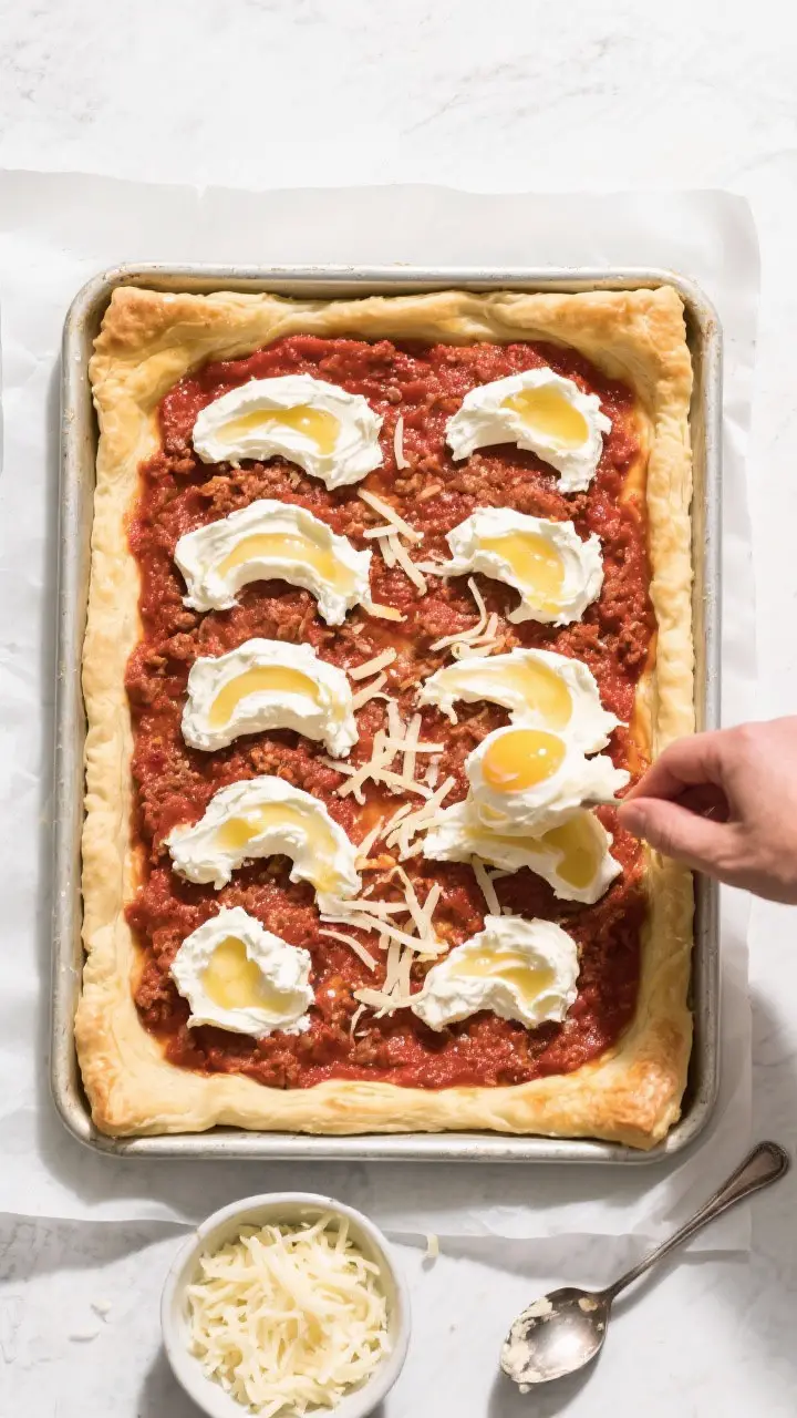 Overhead, mid-bake assembly: A 9x13 baking dish on a parchment-lined surface showing the par-baked, 