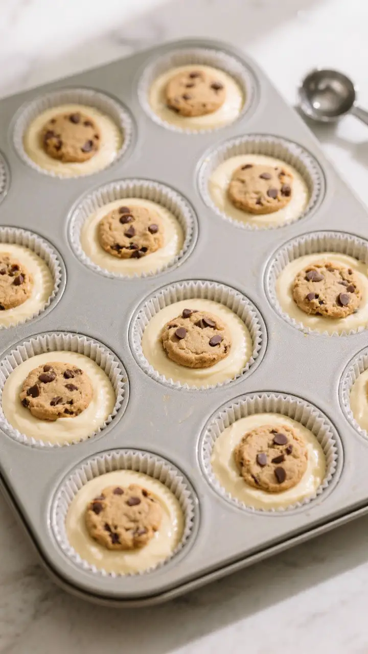 Overhead process shot: A 12-cup muffin tin lined with papers, each cavity filled two-thirds with smo