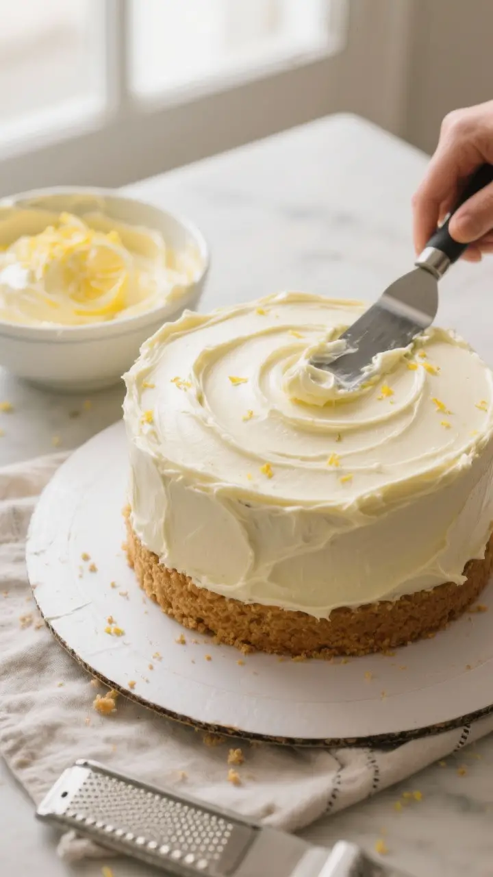 Overhead process shot: First cake layer on a turntable receiving a smooth crumb coat of creamy lemon