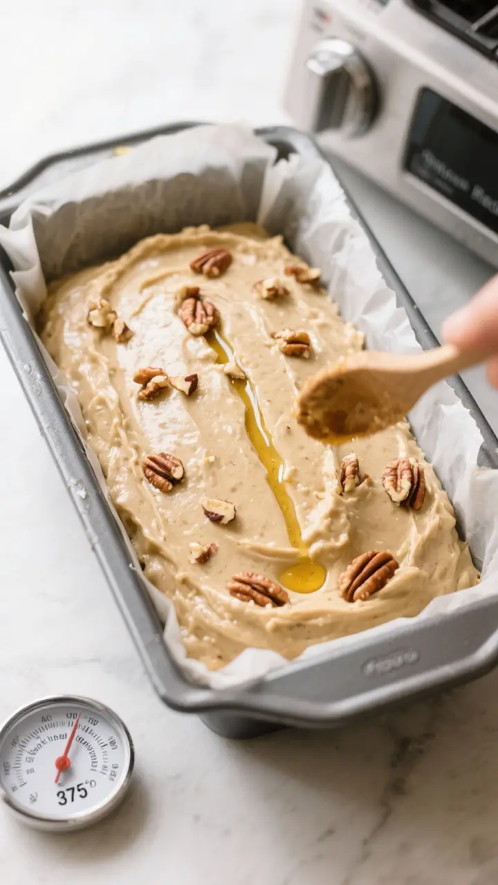 Overhead process shot showing the thick, scoopable banana bread batter smoothed in a greased and par