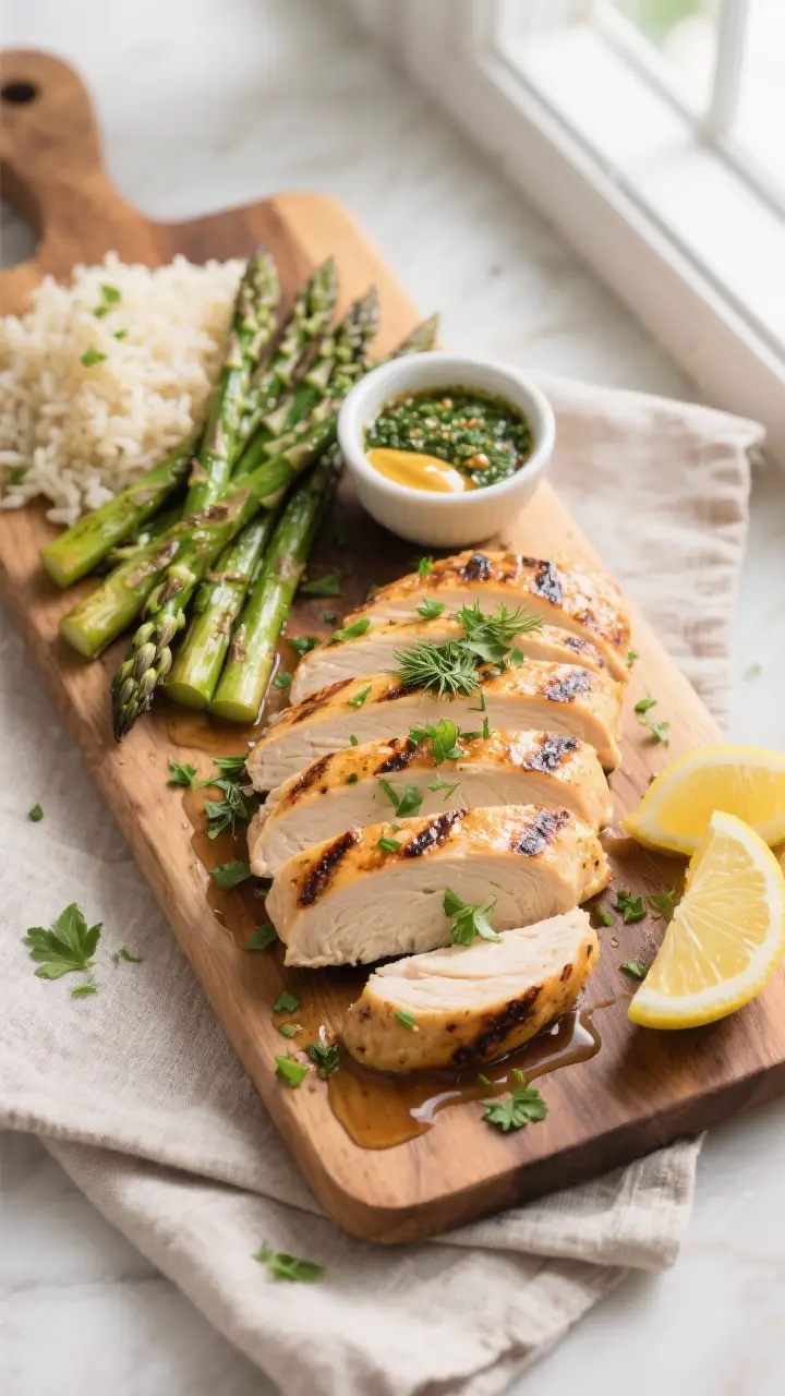 Overhead “ready to serve” spread: Top-down shot of sliced gas-grilled chicken breasts resting on