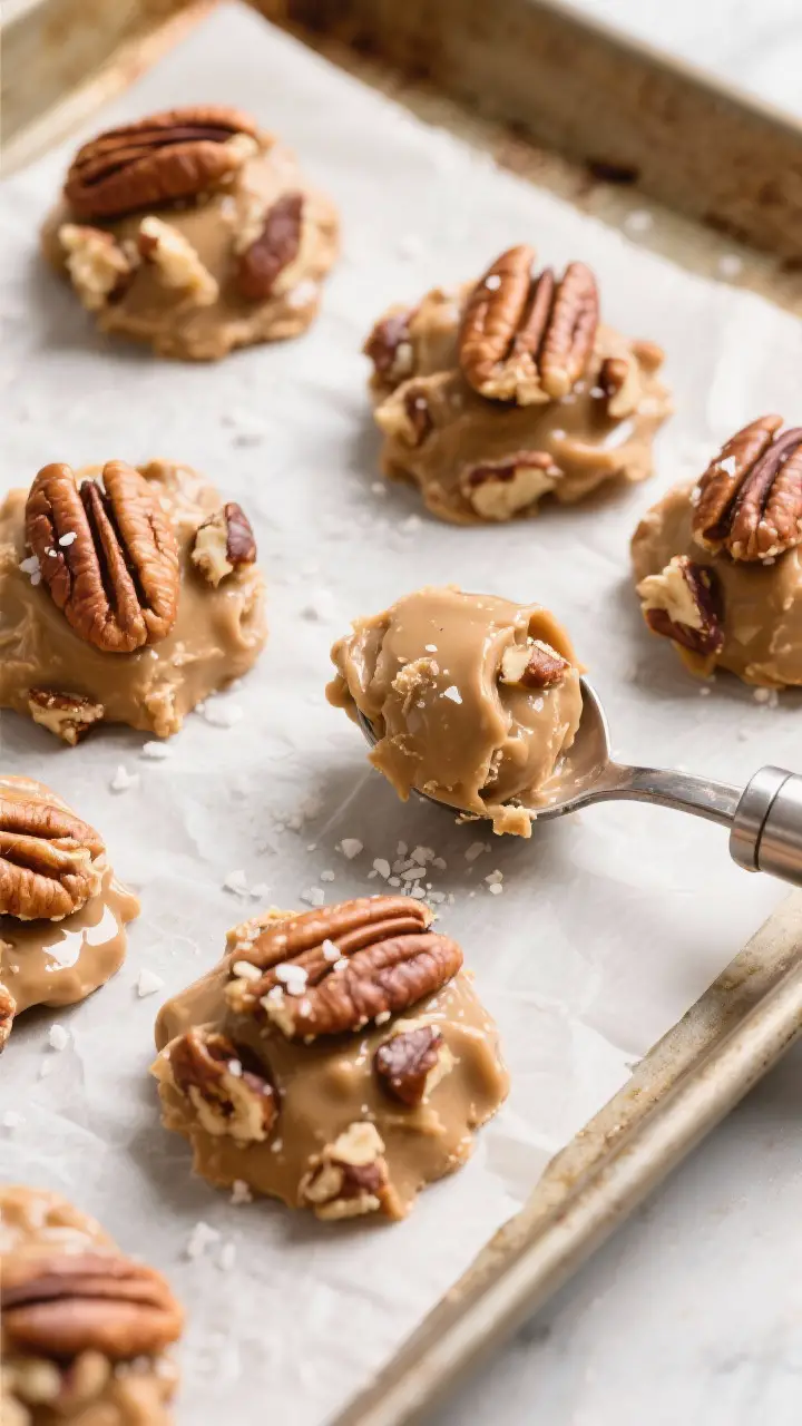 Overhead “scoop and set” action shot: Freshly scooped Lickety Split pralines setting on a parchm