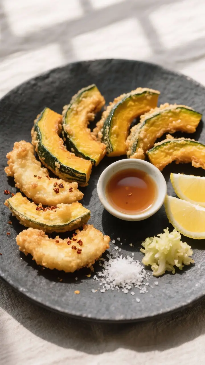 Overhead shot of a final squash tempura platter: mixed kabocha and delicata slices arranged in a loo