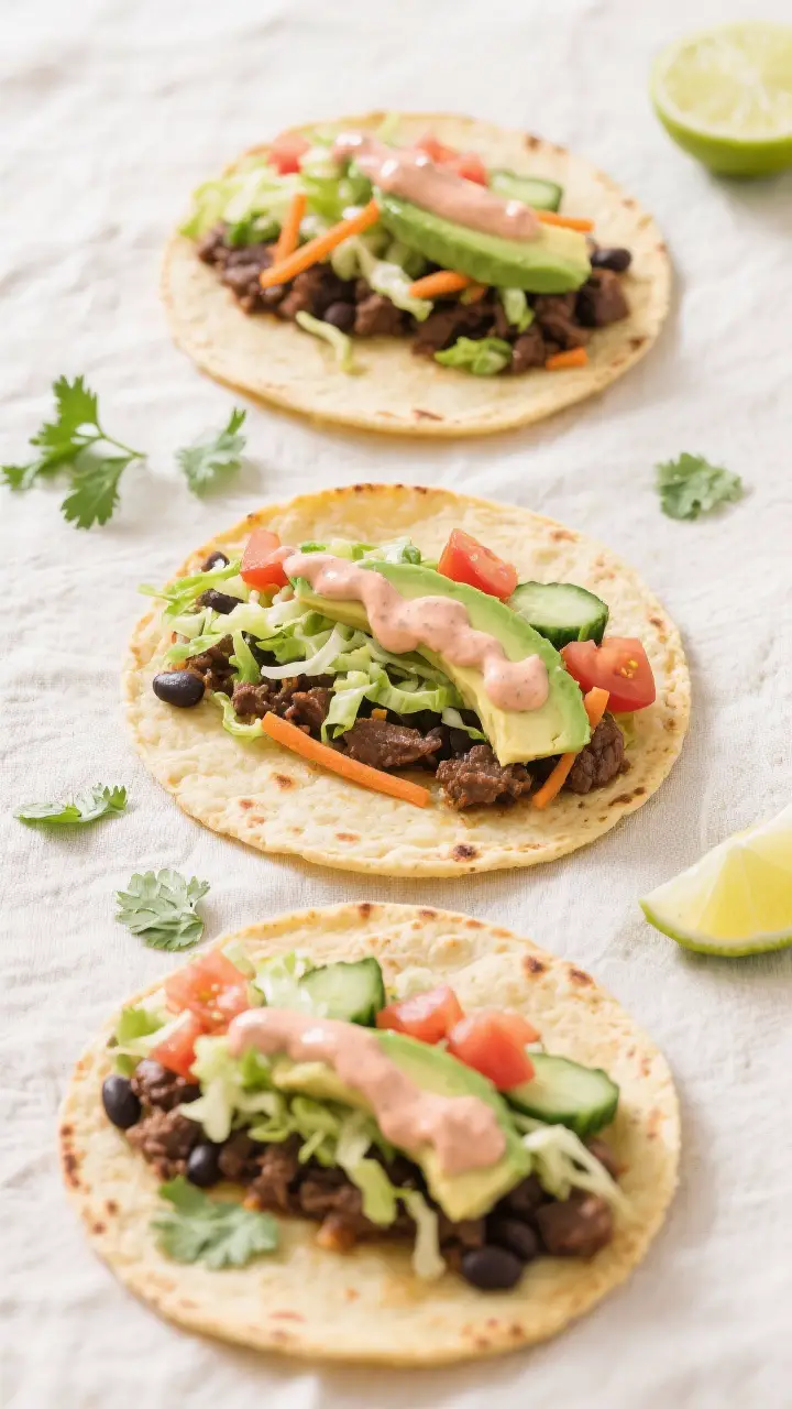 Overhead shot: Tico-Taco assembly scene with warmed corn tortillas laid out on a light linen, each t