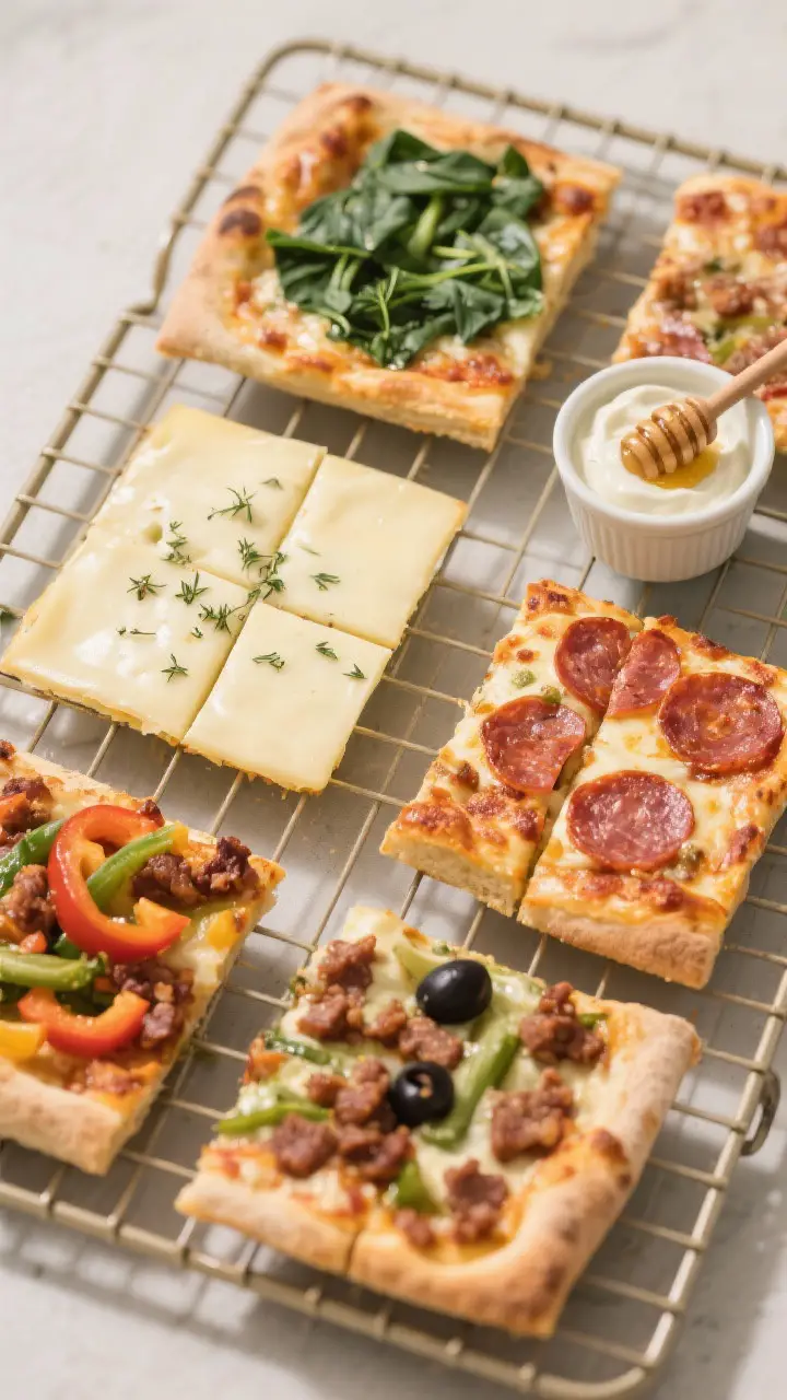 Overhead “tasty top view”: A cooling rack with cut pizza rectangles arranged for lunch prep, eac