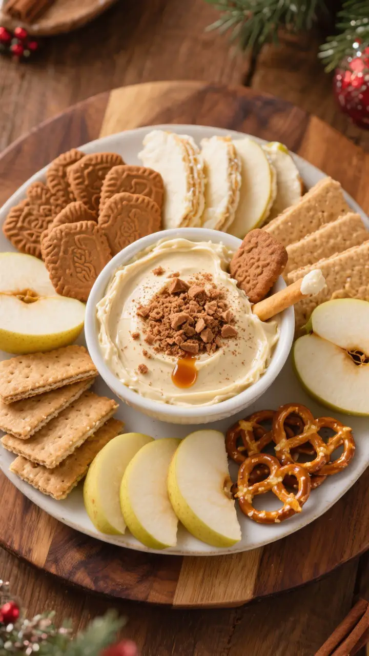 Overhead tasty top view: A festive platter centered with a bowl of Gingerbread Cheesecake Dip topped