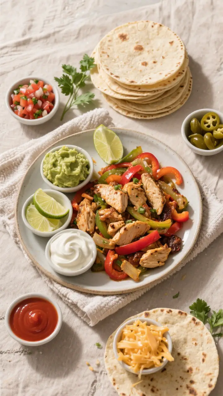 Overhead “tasty top view”: Build-your-own chicken fajita spread on a neutral linen with warmed f