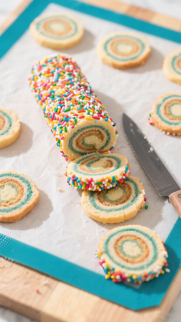 Overhead tasty top view: chilled pinwheel cookie log rolled in rainbow sprinkles being sliced into p