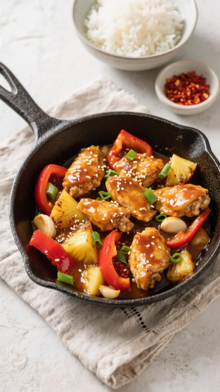 Overhead “tasty top view,” family-style: Top-down shot of a cast-iron skillet filled with Hawaii