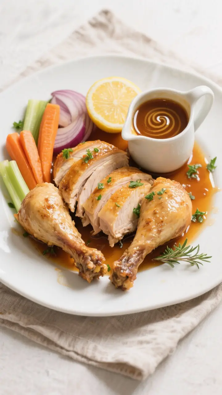 Overhead “tasty top view”: Final carved crockpot chicken arranged on a warm platter with sliced 