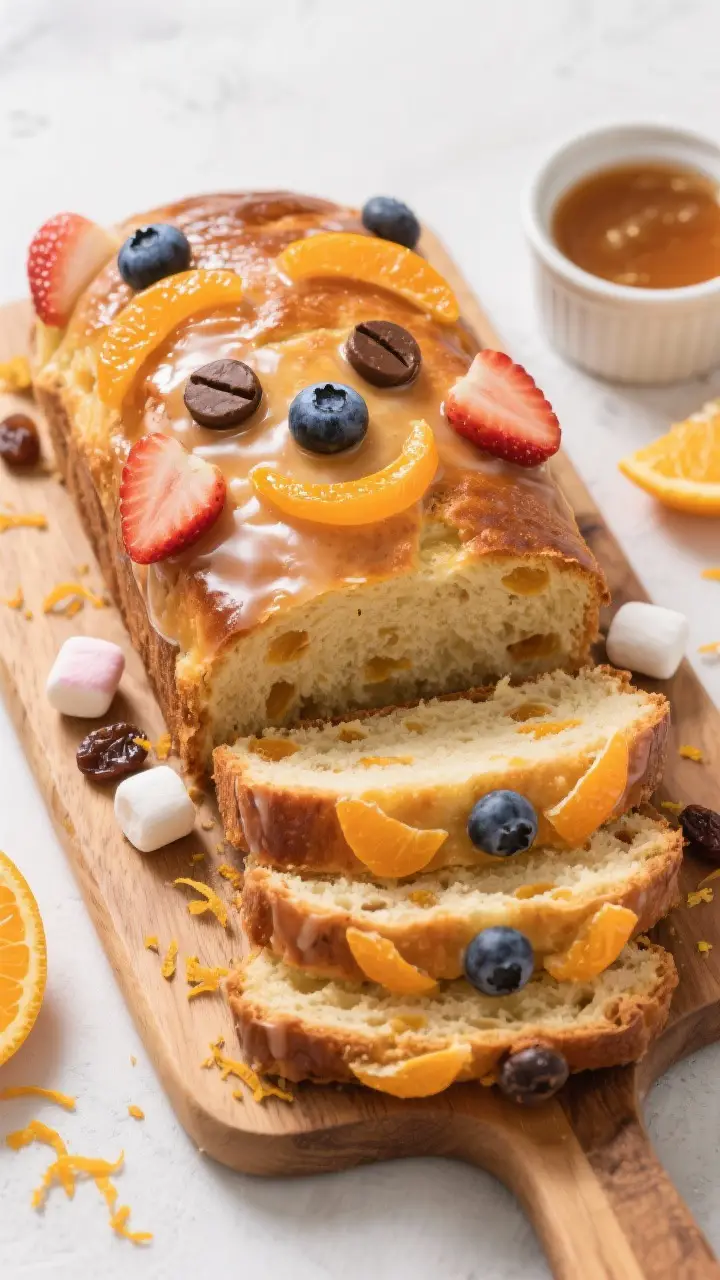 Overhead tasty top view: Fully decorated Funny Face Orange Bread on a wooden board, glaze set and sh