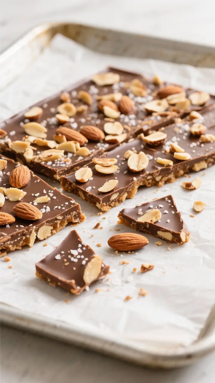 Overhead tasty top view: Fully set Almond Roca Brittle broken into irregular shards on a parchment-l