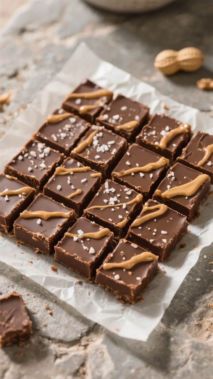 Overhead “tasty top view”: Fully set peanut butter chocolate fudge slab lifted out by parchment,