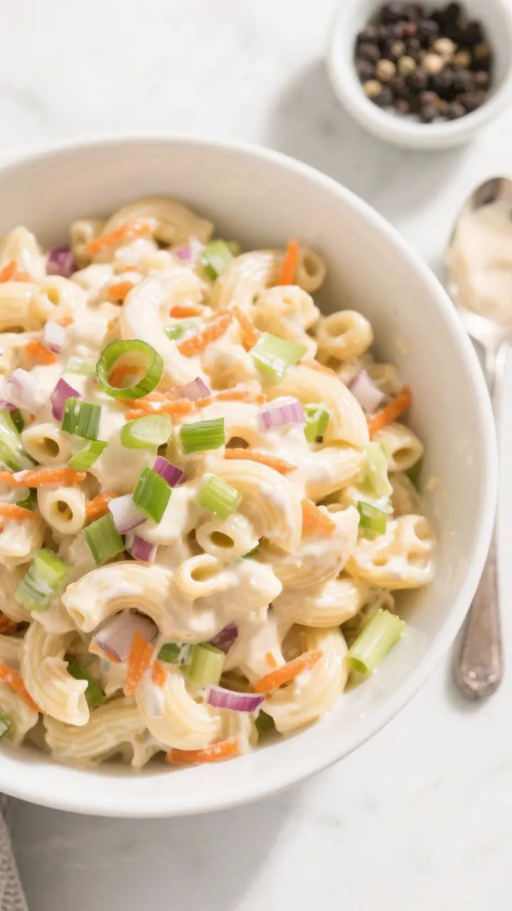 Overhead tasty top view: Hawaiian macaroni salad just combined and still a little saucy, shown in a 