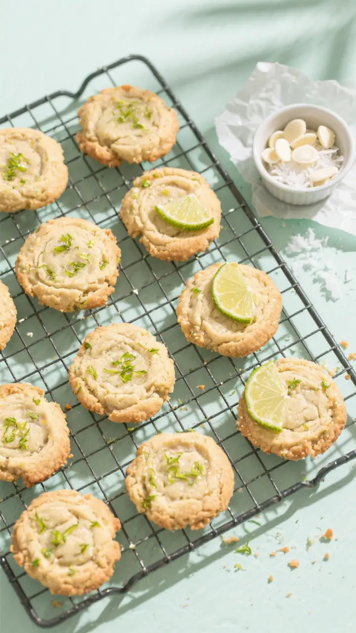 Overhead “tasty top view” of a cooling-and-styling scene: a neat grid of Paradise Cookies on a w