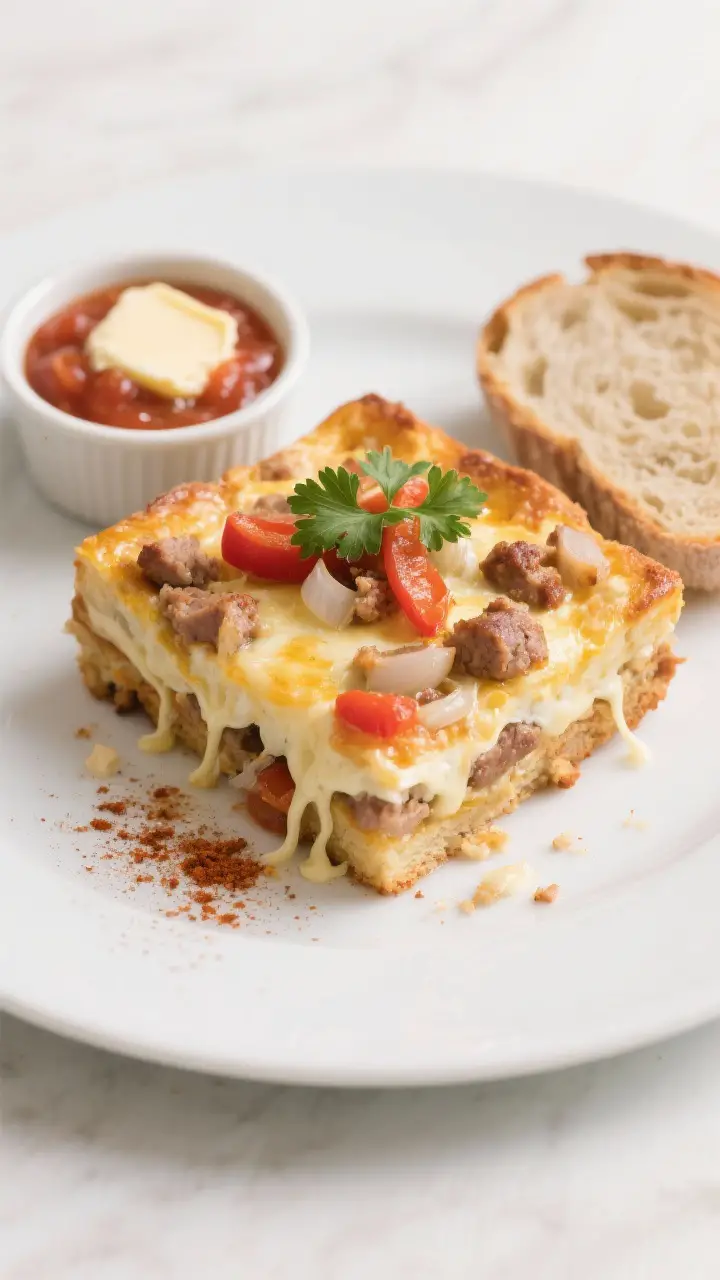 Overhead “tasty top view” of a plated serving: a tidy square of breakfast casserole with visible