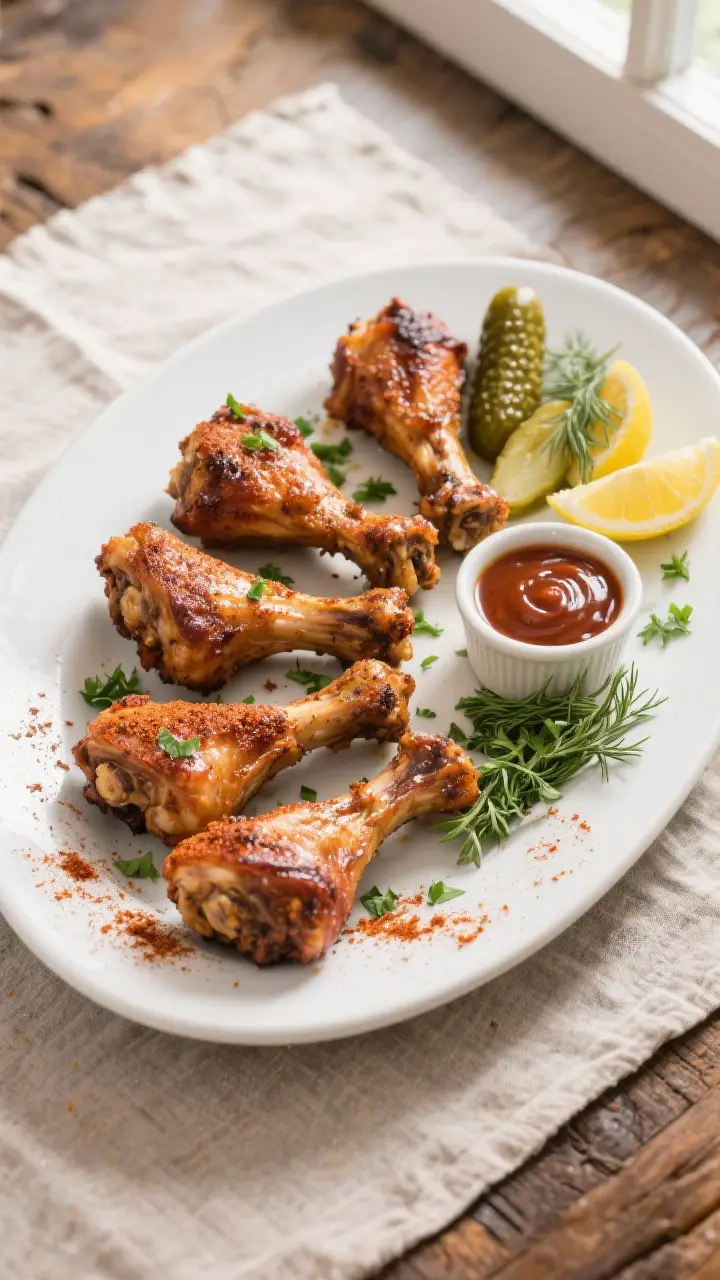 Overhead “tasty top view” of a platter of dry-rubbed smoked drumsticks (no sauce) finished to 18