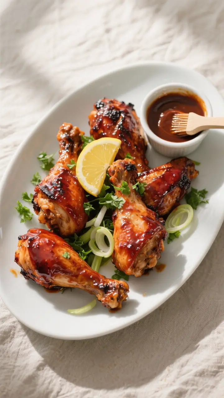 Overhead “tasty top view” of a platter of finished grilled BBQ chicken (thighs and drumsticks) p