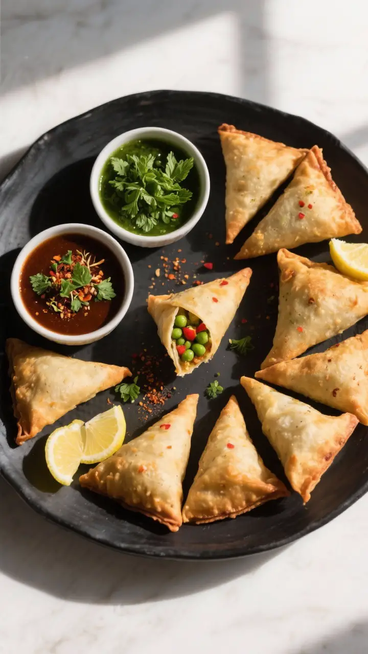 Overhead “tasty top view” of a platter of Indian vegetable samosas arranged in a spiral on a mat
