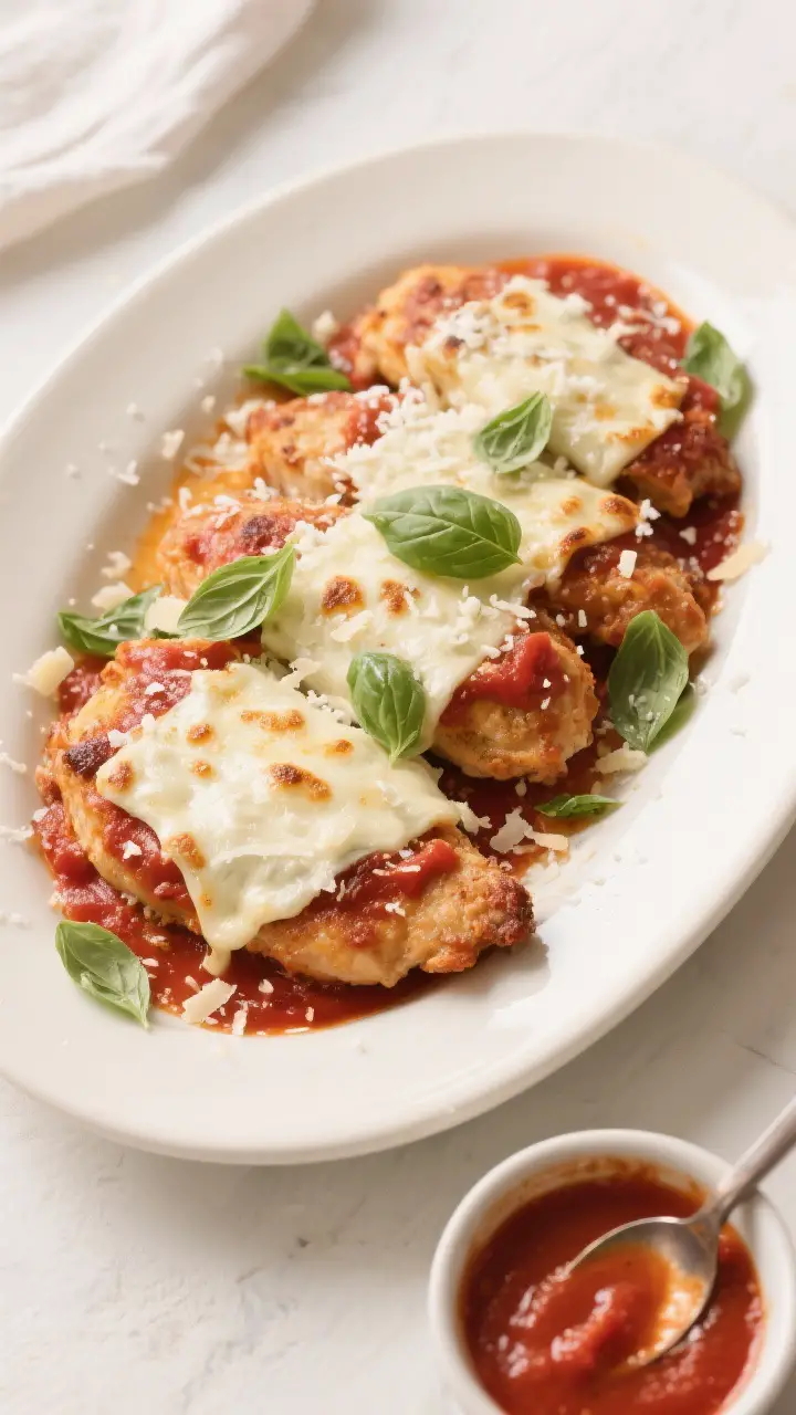 Overhead “tasty top view” of assembled Chicken Parmesan right after the oven finish: thin layer 