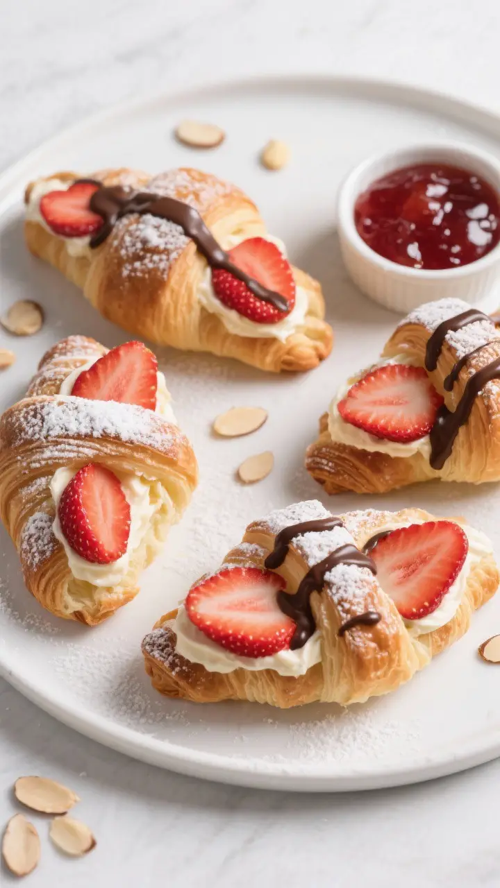 Overhead “tasty top view” of assembled strawberry croissants on a matte white platter: croissant