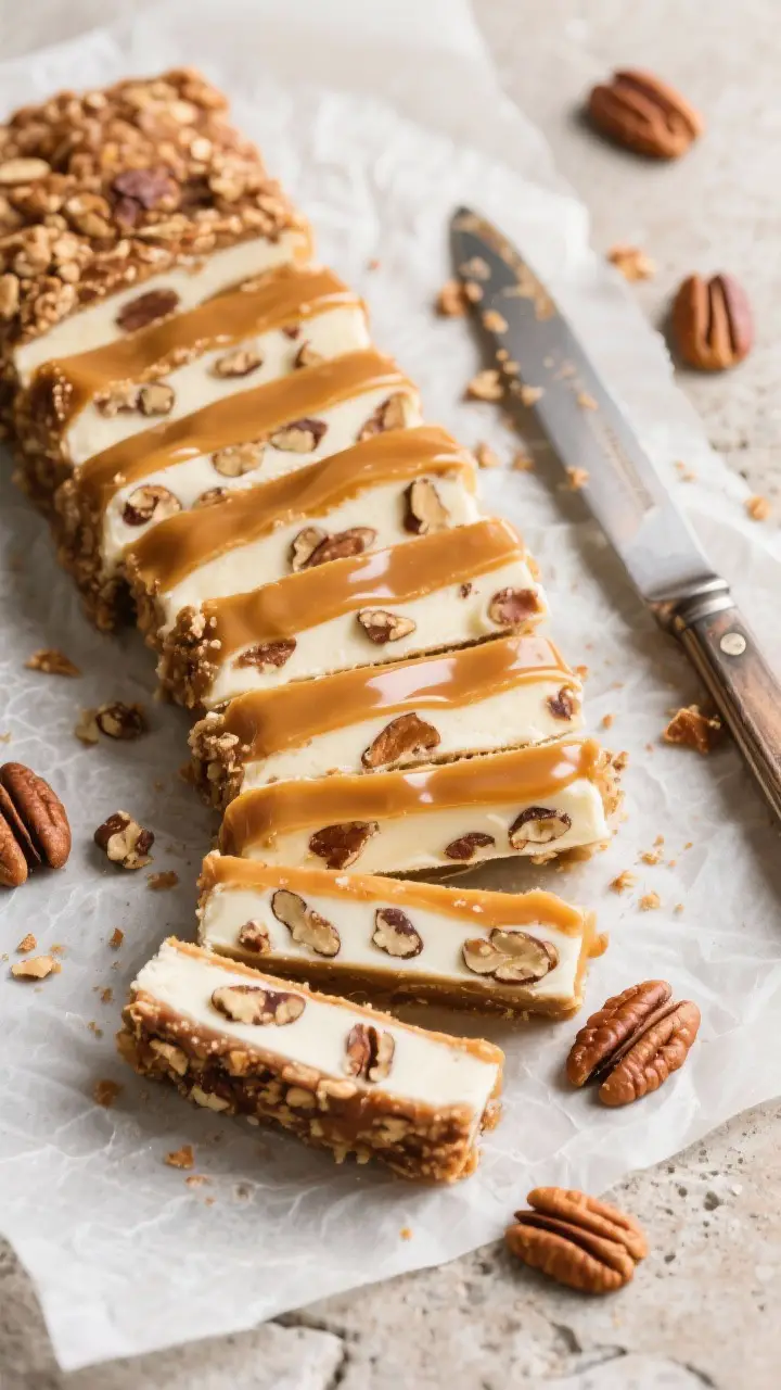 Overhead “tasty top view” of finished Pecan Loggers sliced into 1/2-inch pieces on parchment, sh