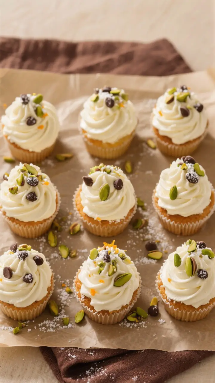 Overhead “tasty top view” of fully frosted cannoli cupcakes arranged in a neat grid on parchment
