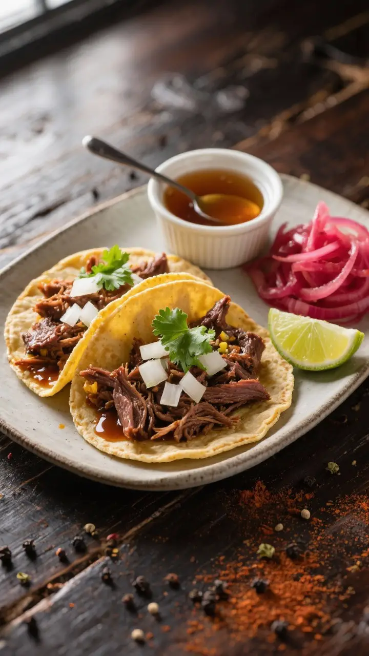 Overhead “tasty top view” of shredded smoked beef cheeks taco spread: warm corn tortillas loaded