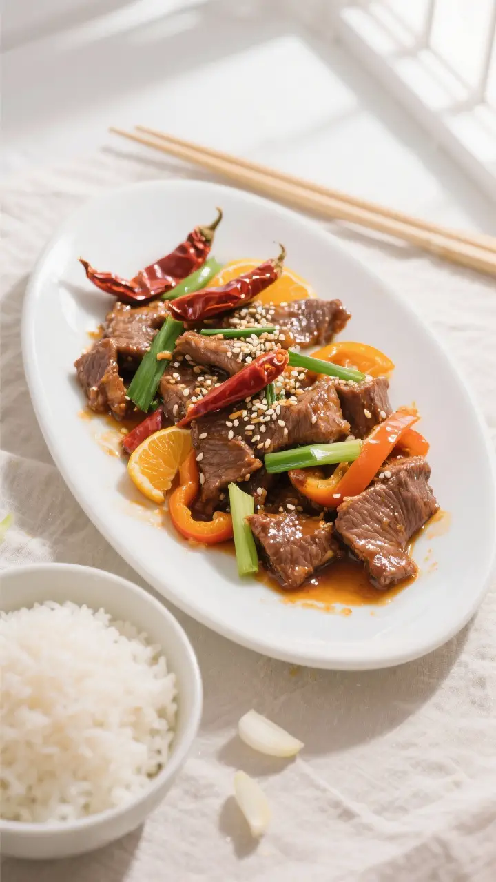 Overhead “tasty top view” of Sichuan Style Orange Beef plated family-style: sliced beef coated i