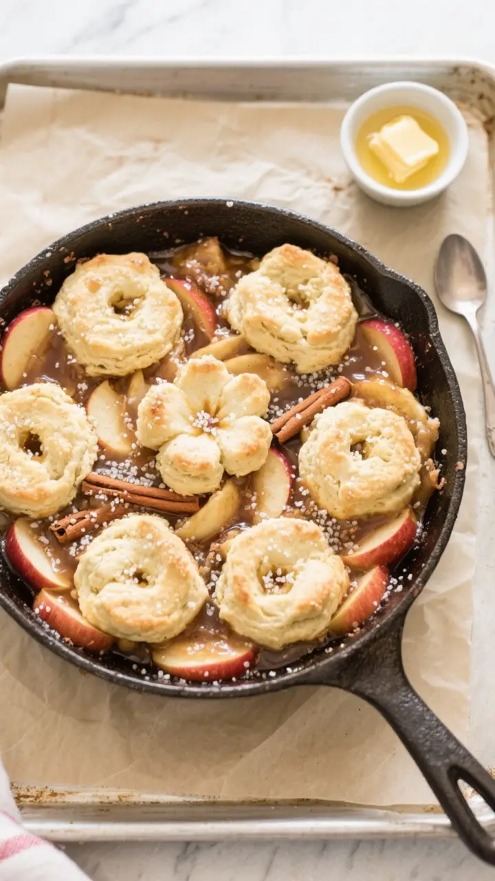 Overhead, tasty top-view of the cobbler mid-bake stage: skillet set on a parchment-lined sheet pan w
