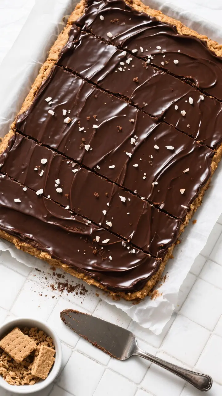 Overhead “tasty top view” of the full 9x13 slab before slicing, topping just set and mirror-like