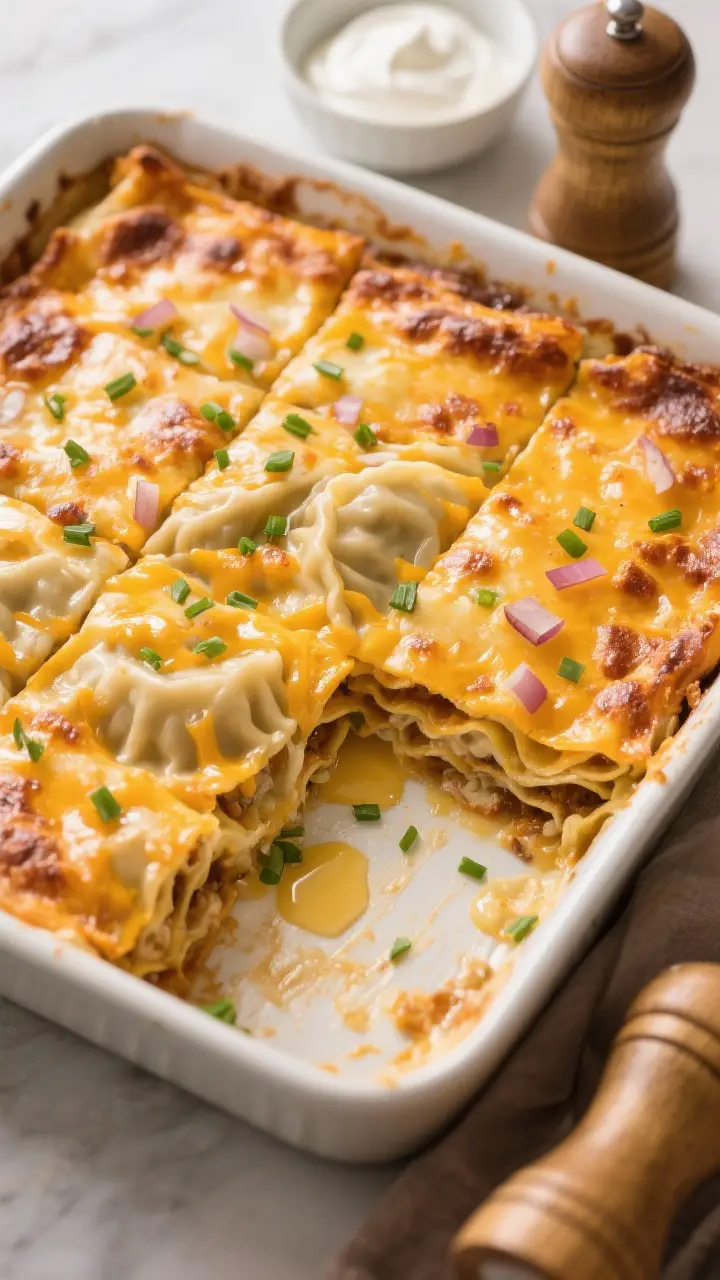Overhead tasty top view of the full Cheesy Pierogi Lasagna in the baking dish right after resting, c
