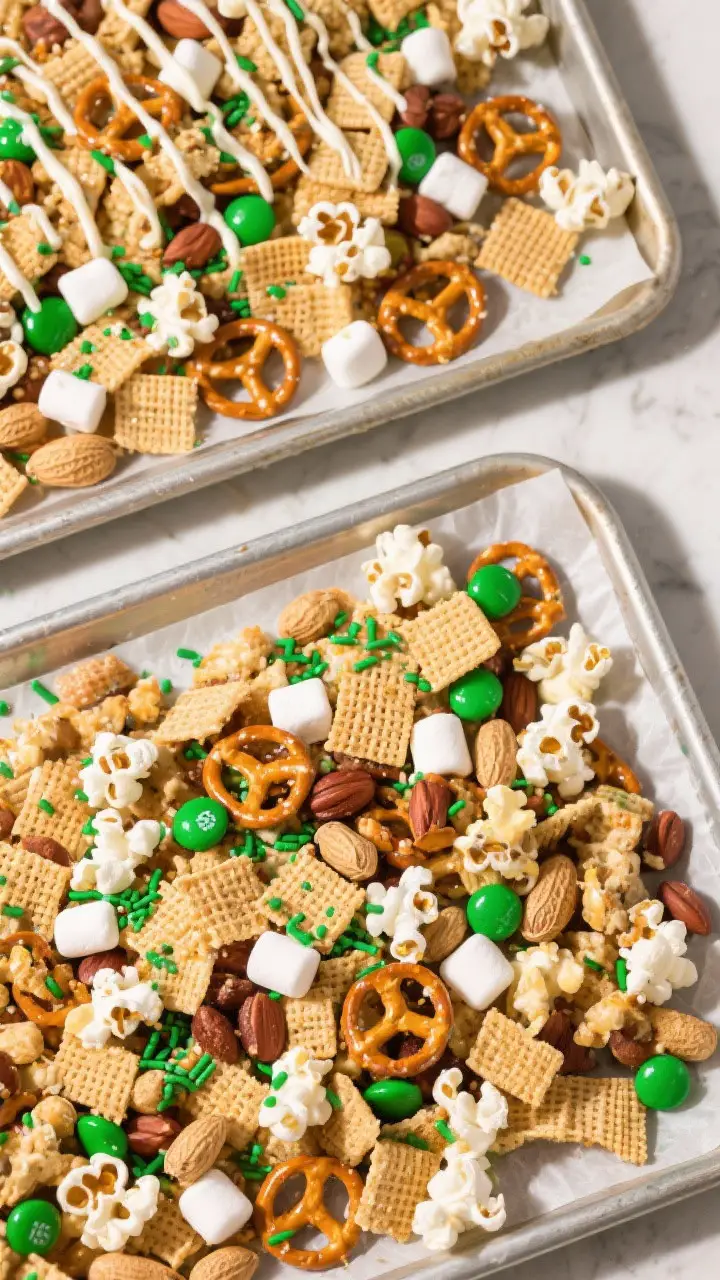 Overhead “tasty top view” of the fully set mix broken into bite-size clusters on two parchment-l