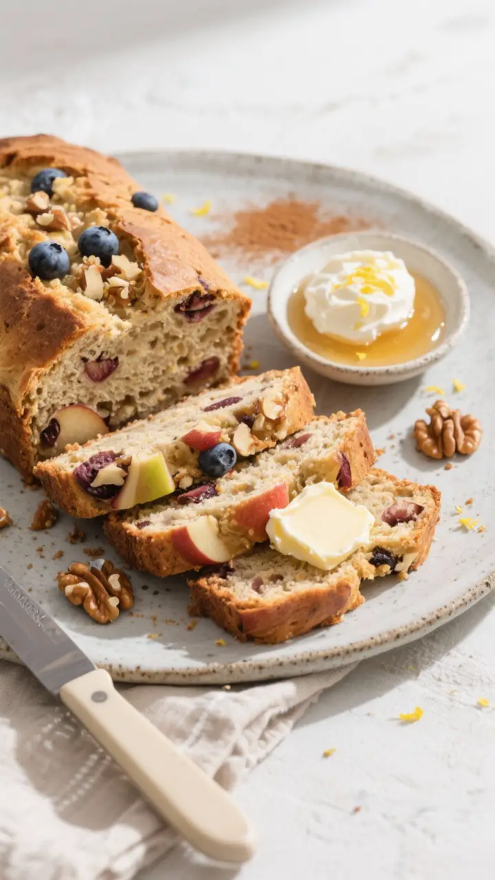Overhead “tasty top view” of the loaf sliced and arranged on a stoneware platter for serving, ne
