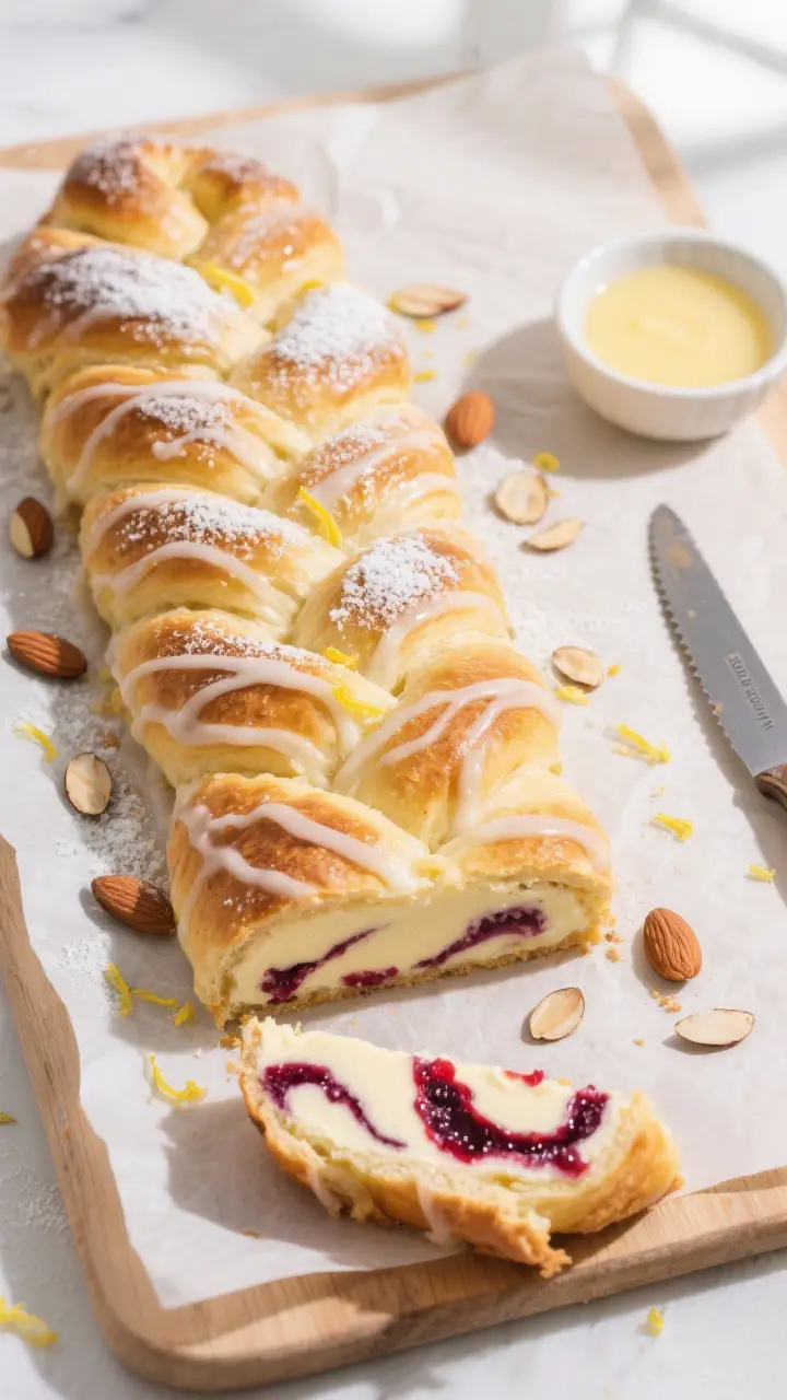 Overhead “tasty top view” of the sweet lemon-berry cream cheese braid on a parchment-lined board