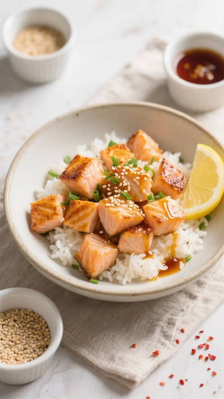 Overhead tasty top view: Salmon bite rice bowl—golden-browned salmon cubes piled over fluffy jasmi